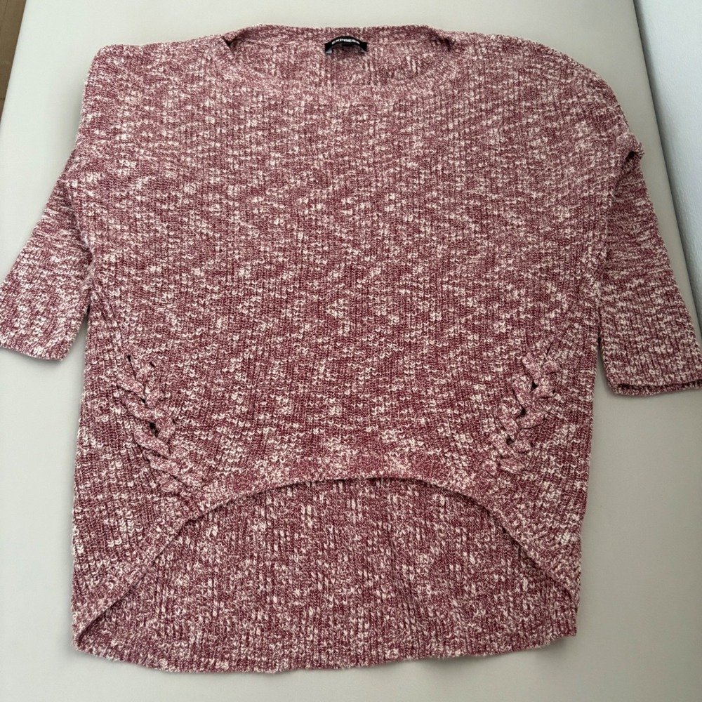 Express Marled Burgundy Knit Hi-Low Sweater Braided Side Detail Small‎ Comfort